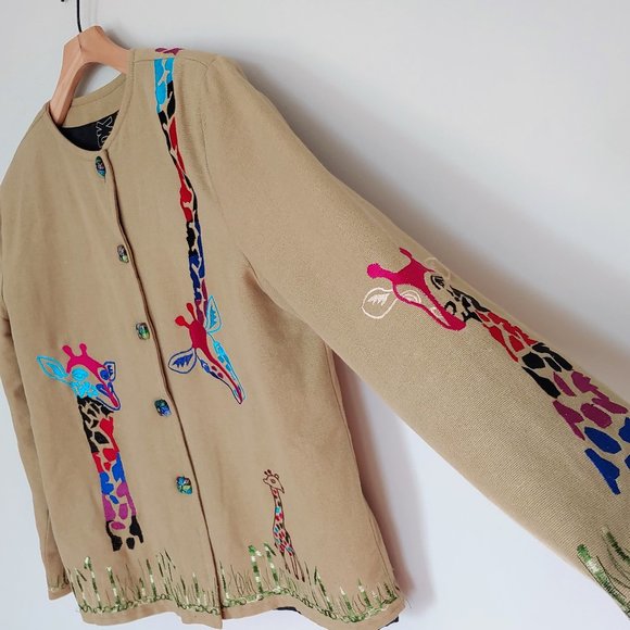 Daniel K DK Tan Giraffe Embroidered Jacket Medium - Picture 1 of 7